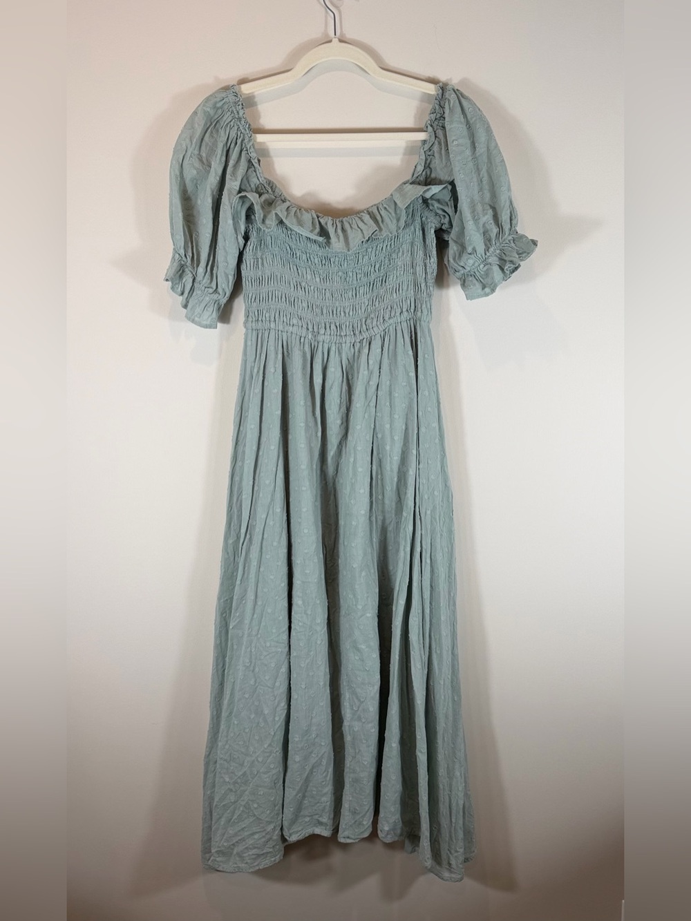 R. Yiposha Sage Green Swiss Dot Smocked Puff Sleeve MIDI Dress Medium 8/10
